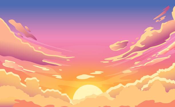 Sunset sky. Cartoon summer sunrise with pink clouds and sunshine, evening cloudy heaven panorama. Morning vector landscape Sunset sky. Cartoon summer sunrise with pink clouds and sunshine, evening cloudy heaven panorama. Morning vector landscape. Beautiful cloudscape with fluffy cumulus, colorful twilight morning sky stock illustrations