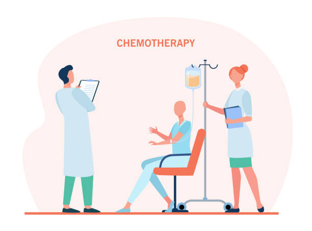 illustrazioni stock, clip art, cartoni animati e icone di tendenza di medici che trattano il paziente con chemioterapia - oncologo