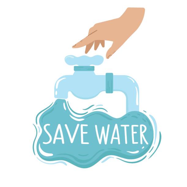 Human hand , water tap, splash and lettering Human hand , water tap, splash and lettering - save water. Caring for the environment, water Conservation concept. Isolated vector illustration. water crisis stock illustrations