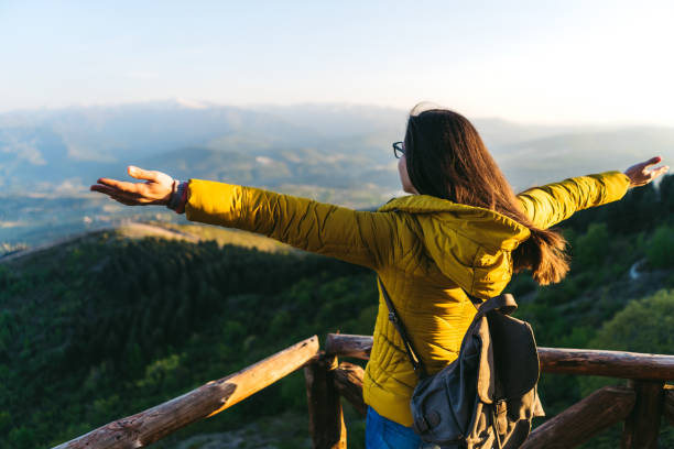 istock Woman standing high up on mountain 1314813354