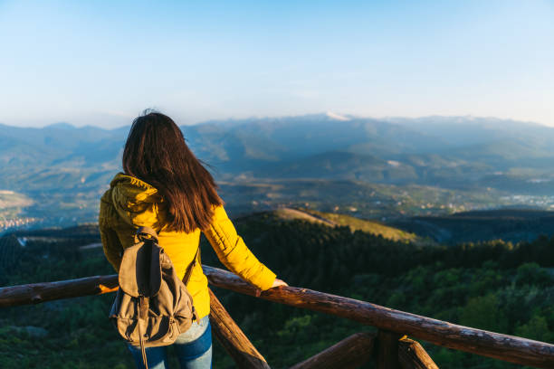 istock Woman standing high up on mountain 1314813872