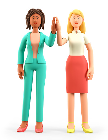 3D illustration of businesswomen informal greeting. Happy cheerful women giving high five. Beautiful cartoon female characters working together. Successful partnership, friendship and cooperation.
