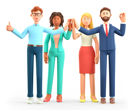 3D illustration of business team Informal greeting. Happy working people giving high five and gesturing ok sign. Multicultural colleagues cartoon characters. Successful partnership and cooperation.