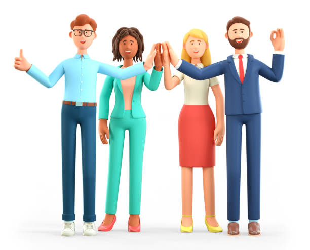 商務團隊非正式問候的 3d 插圖。快樂的勞動人民給高五和手勢確定的跡象。多元文化的同事卡通人物。成功的夥伴關係與合作。 - 立體 插圖 個照片及圖片檔
