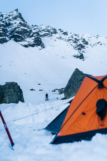 istock Splitboarder leaves winter campsite and heads towards mountains 1314817464