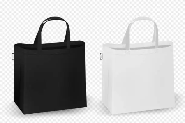 Vector illustration of Shopping RPET bag design. Black and white tote shopping bags identity mock-up item template transparent background.