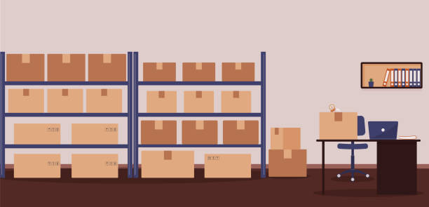 Warehouse: racks with boxes and workplace of warehouse manager, storekeeper or warehouse worker Warehouse: racks with boxes and workplace of warehouse manager, storekeeper or warehouse worker.Tape dispenser on desk with laptop, shelf with folders and cactus.Cozy place of work.Vector illustration mail clerk stock illustrations