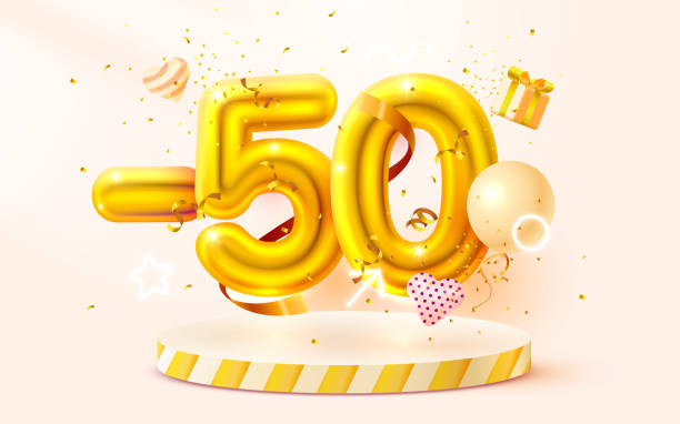 ilustrações de stock, clip art, desenhos animados e ícones de 50 off. discount creative composition. 3d golden sale symbol with decorative objects, heart shaped balloons, golden confetti, podium and gift box. sale banner and poster. vector - 50 percent