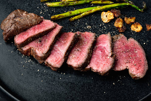istock Grilled fillet mignon beef steak, with onion and asparagus, on plate 1314820107
