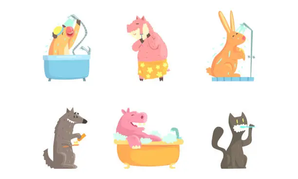 Vector illustration of Cute Animals Grooming Bathing and Washing in the Bathroom Vector Set