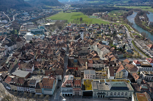 Aarau with the entire medieval city. The high angle image was captured during springtime. Aarau, the capital town of the canton of Aargau has a population of arround 20'000 residents.