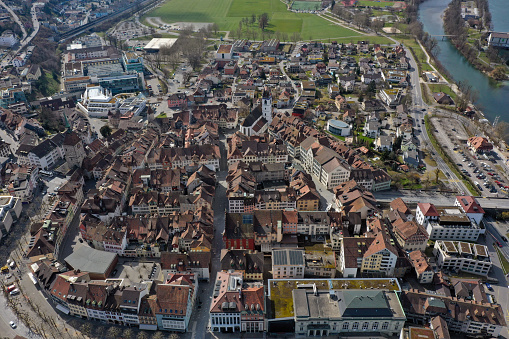 Aarau with the entire medieval city. The high angle image was captured during springtime. Aarau, the capital town of the canton of Aargau has a population of arround 20'000 residents.