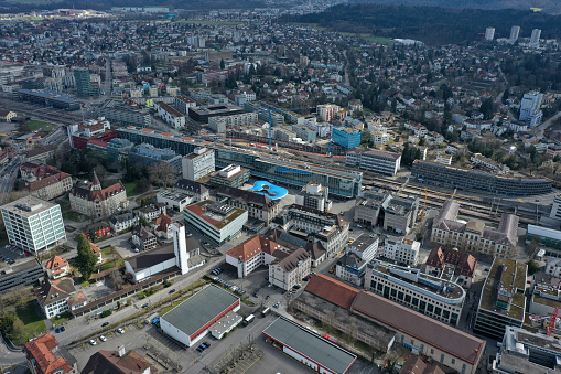 Aarau with the modern city. The high angle image was captured during springtime. Aarau, the capital town of the canton of Aargau has a population of arround 20'000 residents.