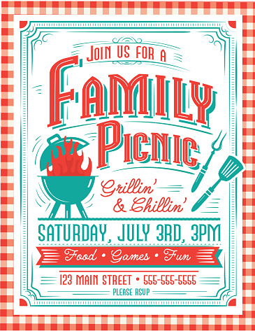 Vector illustration of a Trendy and stylized Family Picnic BBQ Party invitation design template for summer cookouts and celebrations. Includes bbq grill and utensils, placement text. Easy to edit and customize with layers. Download includes vector eps 10 and high resolution jpg.