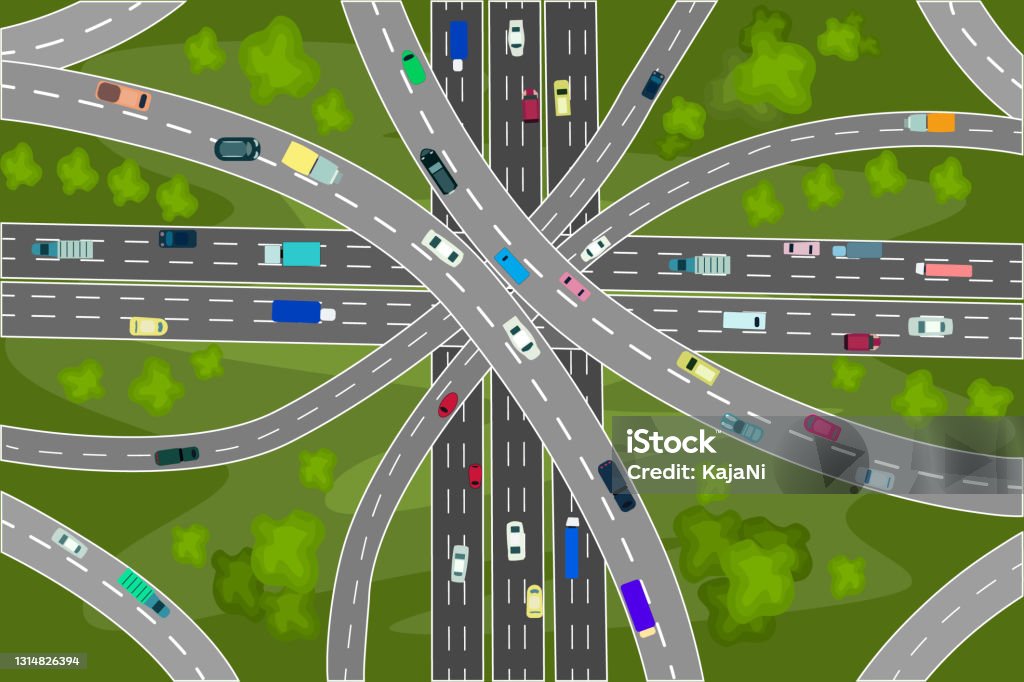 많은 자동차가 최고 전망을 갖춘 도로 교차로 및 교량 현대적인 고속도로 및 교통 교통 체증에 대한 스톡 벡터 아트 및 기타 이미지 -  교통 체증, 도로, 차 - Istock