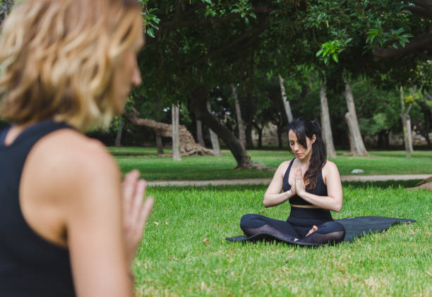 istock Two young women meditating in the park 1314828687