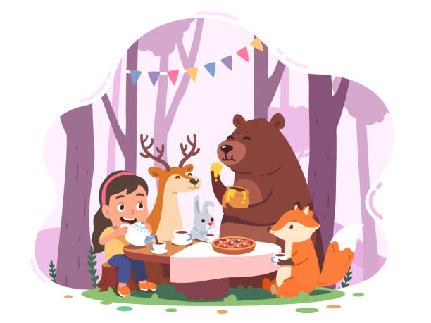 Girl kid, animal cartoon characters tea party in forest. Child person, bear, fox, deer, rabbit sitting at table drinking tea. Childhood friendship fun fairy tale concept flat vector illustration Girl kid, animal cartoon characters tea party in forest. Child person, bear, fox, deer, rabbit sitting at table drinking tea. Childhood friendship fun fairy tale concept flat style vector isolated illustration children having a tea party with animals stock illustrations