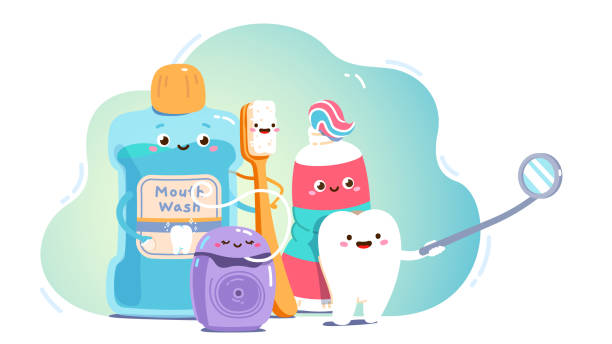 ilustrações de stock, clip art, desenhos animados e ícones de smiling animated teeth care product cartoon characters. mouth wash, toothbrush, toothpaste tube, floss, tooth looking into dental mirror. oral hygiene, care, dentistry concept flat vector illustration - toothbrush
