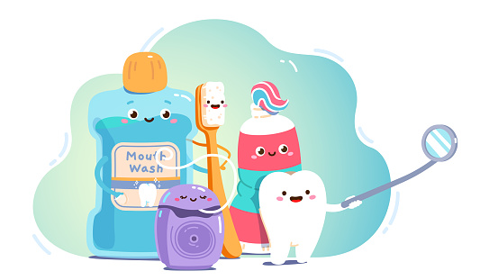Smiling animated teeth care product cartoon characters. Mouth wash, toothbrush, toothpaste tube, floss, tooth looking into dental mirror. Oral hygiene, care, dentistry concept flat vector illustration