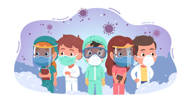 Doctors, nurses men, women wearing personal protective equipment for coronavirus. Hospital staff team persons in PPE coverall, masks, face shields, goggles, gloves for COVID. Flat vector illustration Doctors, nurses men, women wearing personal protective equipment for coronavirus. Hospital staff team persons characters in PPE coverall, masks, face shields, goggles, gloves for COVID. Flat style vector isolated illustration nurse clipart stock illustrations