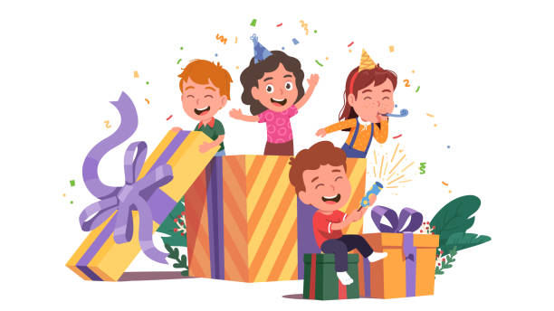 девочки, мальчики дети друзья выскакивают из большой подарочной коробке празднования дня рождения. дети в конусных шляпах с партийным возд - birthday favors stock illustrations