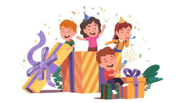 Vector illustration of Girls, boys kids friends popping out of big gift box celebrating birthday. Children persons in cone hats with party blower, confetti popper. Celebration fun concept flat vector illustration