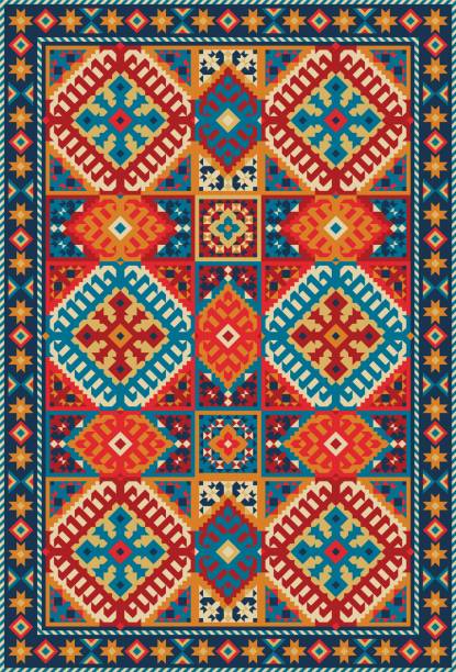 illustrazioni stock, clip art, cartoni animati e icone di tendenza di tappeto orientale colorato con motivo geometrico tribale - carpet rug persian rug persian culture