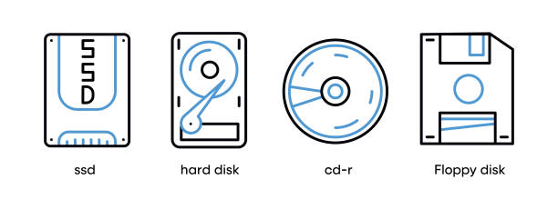 illustrazioni stock, clip art, cartoni animati e icone di tendenza di ssd, disco rigido, cd-r e set di icone del disco floppy. - ssd