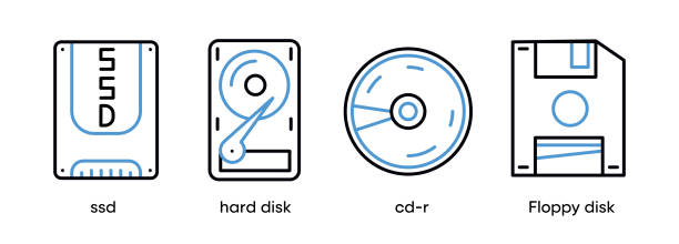 SSD, hard disk, cd-r and floppy disk icon set. This symbol is the symbol set for computer parts. Colorful disk icon. Editable Stroke. Logo, web and app. spatholobus suberectus dunn stock illustrations