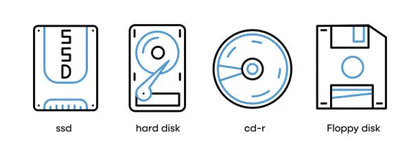 Vector illustration of SSD, hard disk, cd-r and floppy disk icon set.