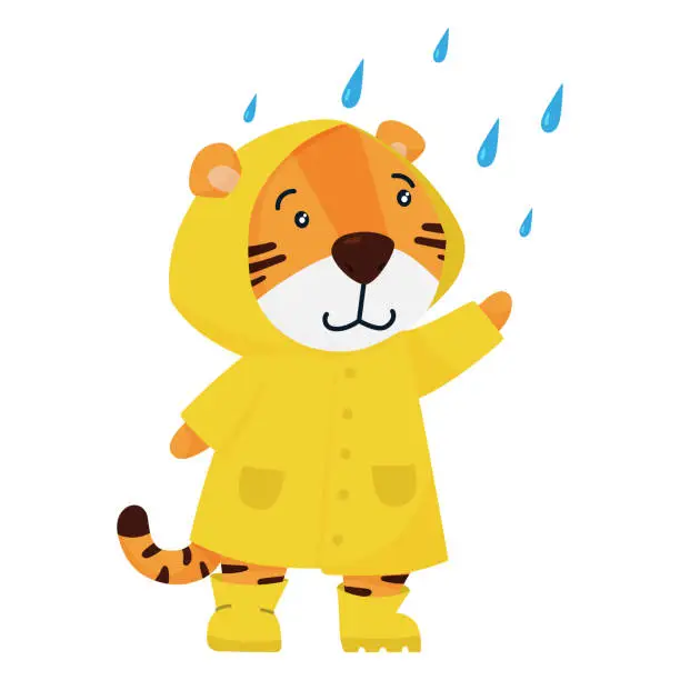 Vector illustration of Cute smiling tiger character in raincoat. Vector illustration for postcards, banners and more.