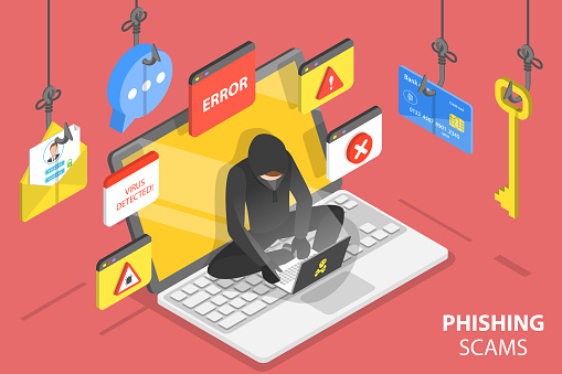 3D Isometric Flat Vector Conceptual Illustration of Internet Phishing Scams, Stealing Confidential Data.