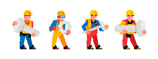 ilustrações de stock, clip art, desenhos animados e ícones de a set of workers holding a tool. builders are holding big bolts, nails, gears. vector illustration isolated on white background. - screw human head bolt isolated
