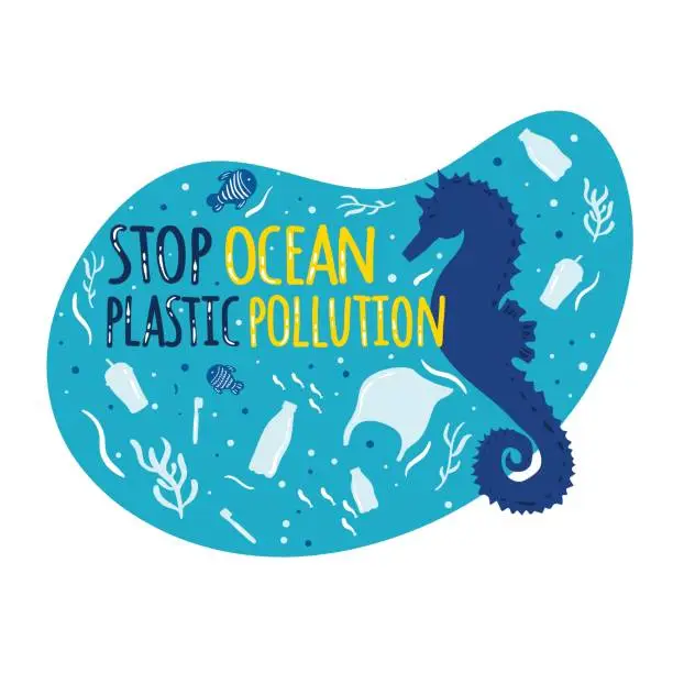 Vector illustration of Stop ocean plastic pollution. Sea, ocean wildlife. Seahorse