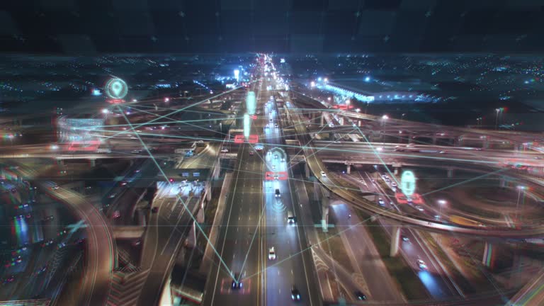 4K resolution Night Aerial view road traffic with HUD Multi path Visual tracker target, transportation Technology Icon with connection line, Networking and telecommunications technology concept, Futuristic design for business finance and technology advertising