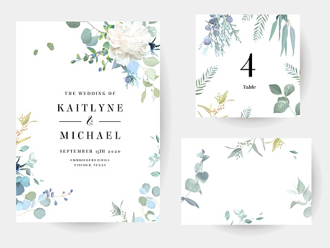 Creamy beige peony, dusty blue thistles, eucalyptus, greenery, juniper, brunia vector design frames. Wedding seasonal flower cards. Floral watercolor compositions. Elements are isolated and editable