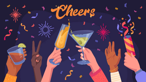 Hands holding glasses with cocktails Hands holding sparklers clinking glasses with alcohol drinks cocktails. Men, women having fun at Christmas party. Friends celebrating holiday event together at club. Flat cartoon vector illustration happy hour illustrations stock illustrations