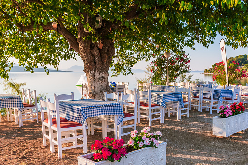 Lefkada, Greece. Seaside taverna on a sunny morning.