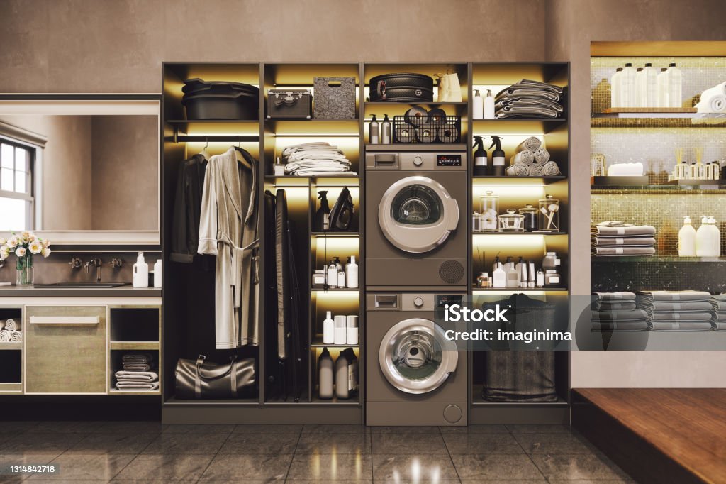 Luxury Laundry Room Interior of a luxurious laundry room with washing machine and dryer. Utility Room Stock Photo