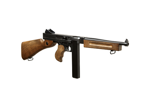 Vieja ametralladora americana. Arma automática vintage. Armamento de la mafia y el ejército de la Segunda Guerra Mundial. photo
