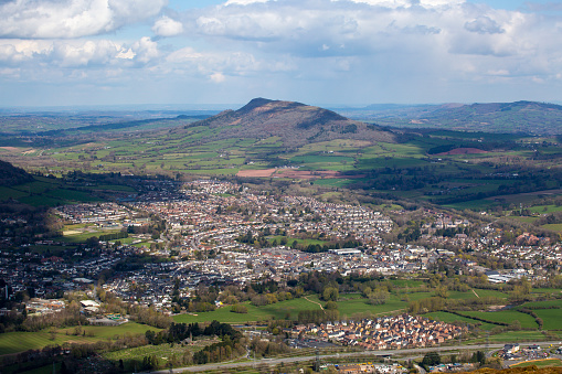 The lush green countryside below the Skirrid mountain in Abergavenny in South Wales, UK