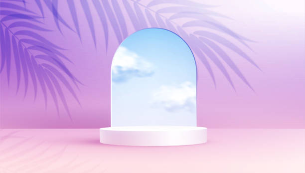 Product display podium decorated with realistic cloud on pastel background Product display podium decorated with realistic cloud in glass arch frame on summer color pastel background with overlay palm leaves shadow. Pink and purple backdrop. Vector illustration 3D effect arch architectural feature stock illustrations