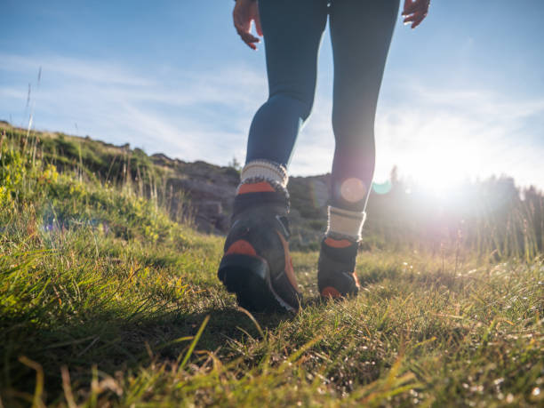 istock Woman hikes up on mountain trail, low angle view 1314850066