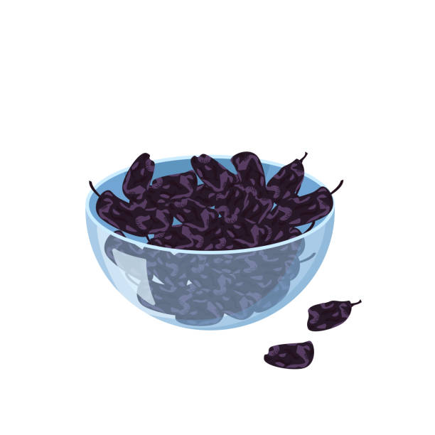 Glass transparent bowl with black raisins. Sweet delicious dessert or snack. Source of vitamins, exotic food, dried grapes. Additive to baked goods or dairy products Glass transparent bowl with black raisins. Sweet delicious dessert or snack. Source of vitamins, exotic food, dried grapes. Additive to baked goods or dairy products. Vector flat illustration vitamin a nutrient stock illustrations
