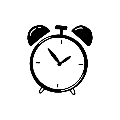 Hand drawn simple retro Alarm Clock icon of black color. Doodle sketch style. Concept of time, minute, deadline. Clock with arrow on white background