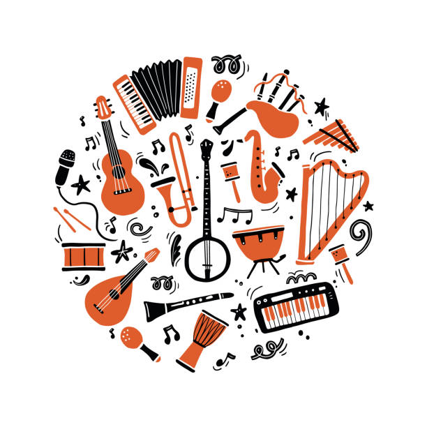 ilustraciones, imágenes clip art, dibujos animados e iconos de stock de conjunto dibujado a mano de diferentes tipos de instrumentos musicales - acordeón instrumento