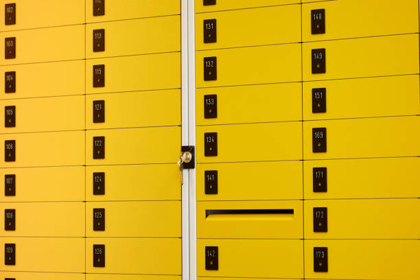 istock Post office box. Pack station. Yellow post boxs for rentals. Postboxs lockers for parcels that the recipient can pick up there. 1314855472