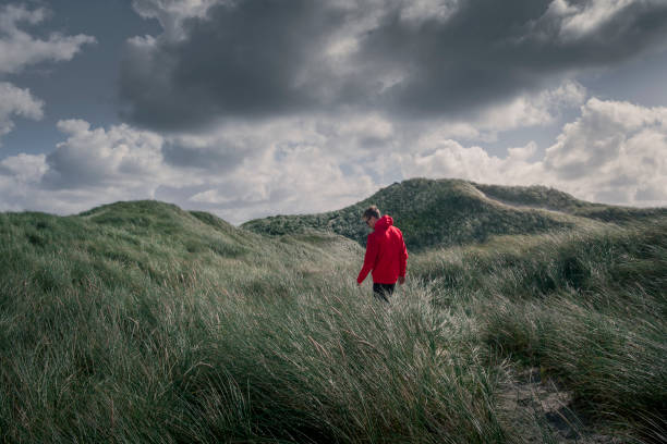 istock Man with red jacket in sand dunes with green grass at coast in Denmark 1314858350