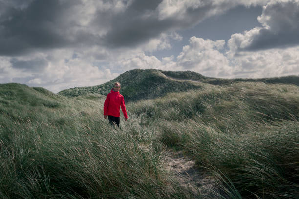 istock Man with red jacket in sand dunes with green grass at coast in Denmark 1314858394