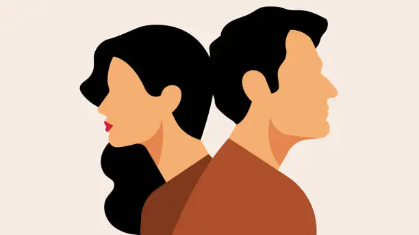 Vector illustration of Unhappy couple having conflict. Young caucasian man and caucasian woman turned away from each other.